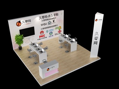 36平米展臺設計制作：三面開口/現(xiàn)代/木質結構/白色，為電子展展商而作（免費使用）