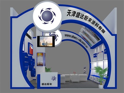 36平米展臺設(shè)計(jì)制作：二面開口/現(xiàn)代/木質(zhì)結(jié)構(gòu)/藍(lán)色，為建材展展商而作（免費(fèi)使用）