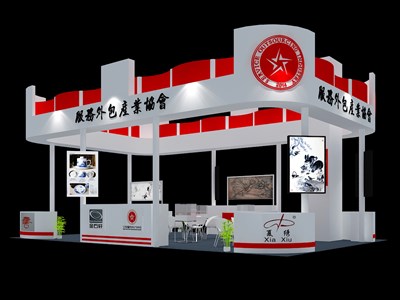 57平米展臺設(shè)計制作：三面開口/現(xiàn)代/木質(zhì)結(jié)構(gòu)/紅色，為工藝品展展商而作（免費使用）