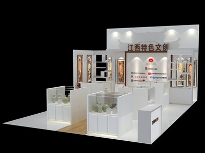 57平米展臺(tái)設(shè)計(jì)制作：三面開口/中式/木質(zhì)結(jié)構(gòu)/白色，為成就招商展展商而作（免費(fèi)使用）