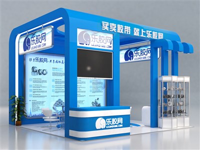 36平米展臺設計制作：三面開口/現代/木質結構/藍色，為建材展展商而作（免費使用）